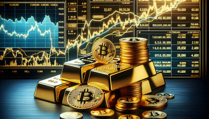A collection of stacked gold bars with Bitcoin (฿) coins arranged in front, contrasted by a backgrou4