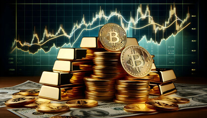 A collection of stacked gold bars with Bitcoin (฿) coins arranged in front, contrasted by a backgrou4