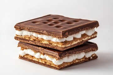 Two chocolate-covered biscuit sandwiches layered with creamy filling. Perfect for dessert menus, food blogs, or sweet treat advertisements.