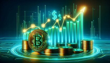 Bitcoin Crypto A detailed line graph glowing in emerald green, with a dollar sign ($) at the base and golden Bitcoi1