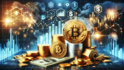 A combination of Bitcoin (฿) and dollar ($) symbols, along with stacks of gold coins and bars1