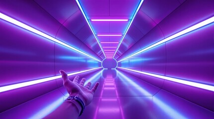 Hand reaching toward futuristic tunnel with neon purple and blue lights.