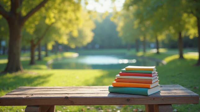 Colorful books on park bench, outdoor learning and relaxation