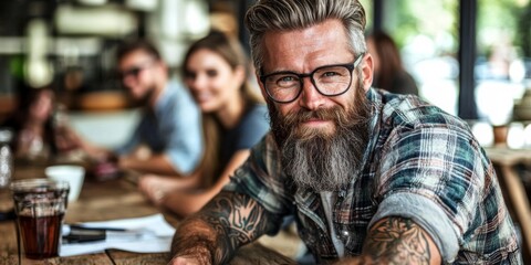 Smiling Man with Beard Tattoos in Coffee Shop with Friends