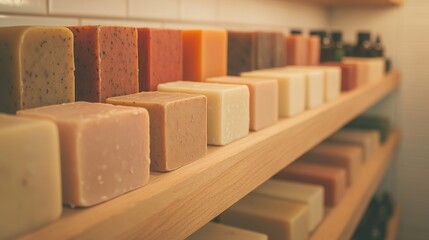 cozy corner of farmer market featuring handmade soaps and essential oils neatly displayed on wooden shelves