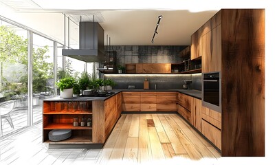 Stylish kitchen interior with modern furniture. Combination of photo and sketch,


