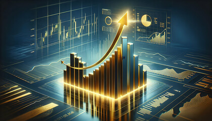 Bitcoin Crypto A bar chart with sharp-edged bars and a glowing gold arrow rising upward, surrounded by faint financ3