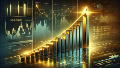 Bitcoin Crypto A bar chart with sharp-edged bars and a glowing gold arrow rising upward, surrounded by faint financ2
