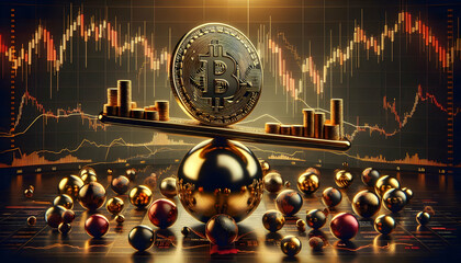 Bitcoin Crypto A Bitcoin coin on a seesaw-like structure, balanced on a spherical pivot, surrounded by smaller sphe2