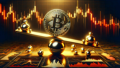 Bitcoin Crypto A Bitcoin coin on a seesaw-like structure, balanced on a spherical pivot, with smaller spheres aroun2