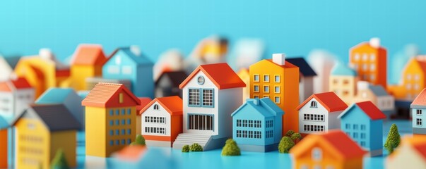 Fototapeta premium aging population future concept. A colorful collection of miniature houses with distinct designs set against a vibrant blue background, showcasing a whimsical architectural theme.
