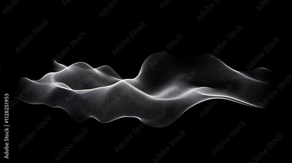 Poster abstract grayscale wave particles on black background.