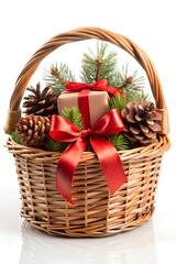 Festive Woven Basket Filled with Gifts, Pinecones, and Ribbon – Perfect for Holiday Decor.