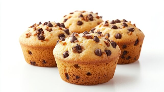 close-up of muffins on a white background with choco chips topping