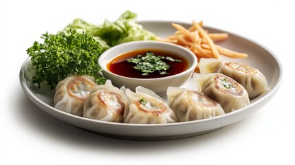 A plate of water dumplings with dipping sauce on a white plate with a white background