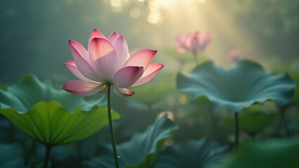 Obraz premium Stunning 4K Time-Lapse, Serene Lotus Blossom in Misty Morning Sunlight - Ethereal Beauty and Intricate Details