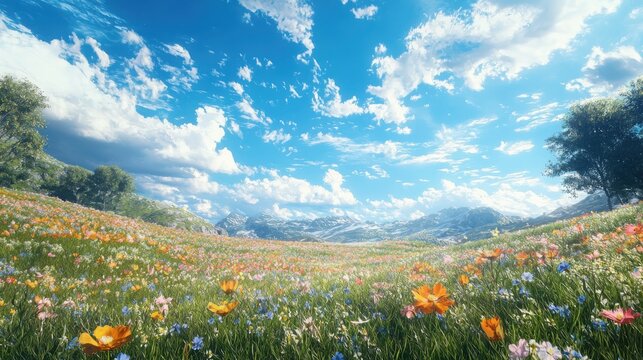 Enchanting view of a flower field ground level nature scene bright environment colorful blooms in breeze