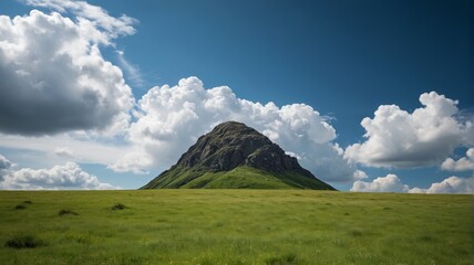 Fototapeta premium a grassy field with a mountain in the background
