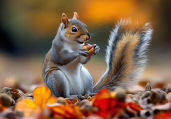 Cute squirrel holding an acorn in its paws and sitting on the ground