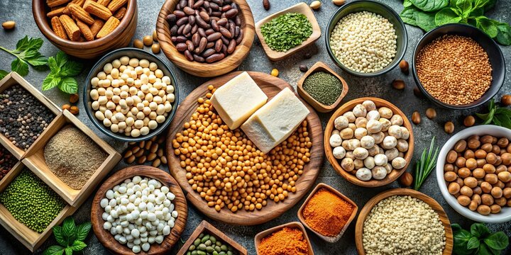 Variety of plant-based protein sources including lentils, beans, and tofu, plant-based, protein, lentils, beans, tofu