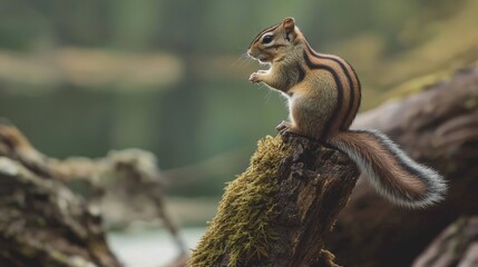 Fototapeta premium Obese chipmunk eating acorn in a forest