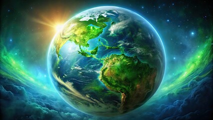 Fototapeta premium Vibrant image of a green planet earth from space, sustainable, eco-friendly, global, environment, conservation, nature, earth