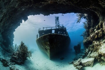 Submerged shipwreck surrounded by coral and marine life.