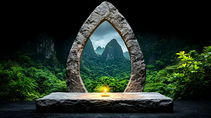 Fototapeta premium A stone archway frames a lush mountain landscape, with a warm glow illuminating a central stone table in a serene setting.