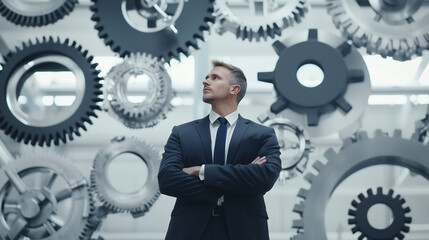 Strategic Visionary: A pensive businessman stands arms crossed before a wall of large, intricate gears, contemplating the complexities and potential of a vast industrial operation.