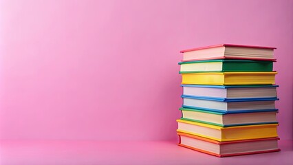 Colorful stack of books representing LGBTQ+ pride on pink background, LGBTQ, pride, rainbow, colorful, diversity, equality