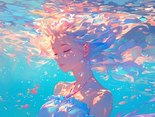Floating Girl Underwater in Anime Style