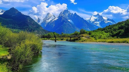 Wide river with green mountains in the background