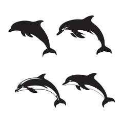 Fototapeta premium Set of dolphin black silhouette on white background