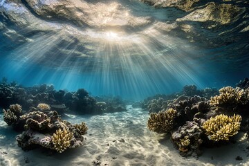 Obraz premium Underwater scene with coral reefs and sunlight rays.