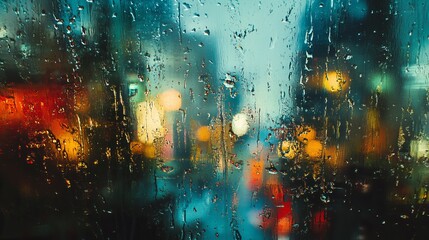 Fototapeta premium Abstract Patterns: Close-up of raindrops on glass with a blurred cityscape in the background