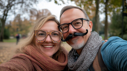 Fototapeta premium A cheerful couple with April Fool’s Day gag glasses and mustaches, posing for a selfie in a park. Ai generated