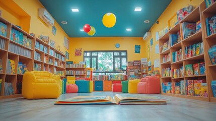 A colorful children's library filled with books and cozy seating for reading and learning.