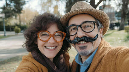 A cheerful couple with April Fool’s Day gag glasses and mustaches, posing for a selfie in a park. Ai generated