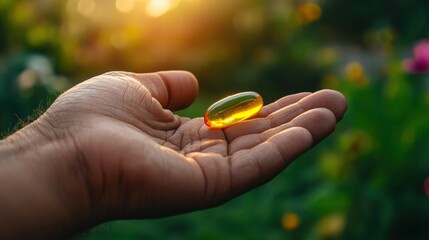 Hand Holding a Golden Gel Capsule in Nature's Embrace