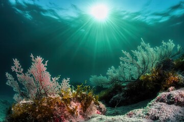 Fototapeta premium Underwater scene with vibrant coral and sunlight rays.