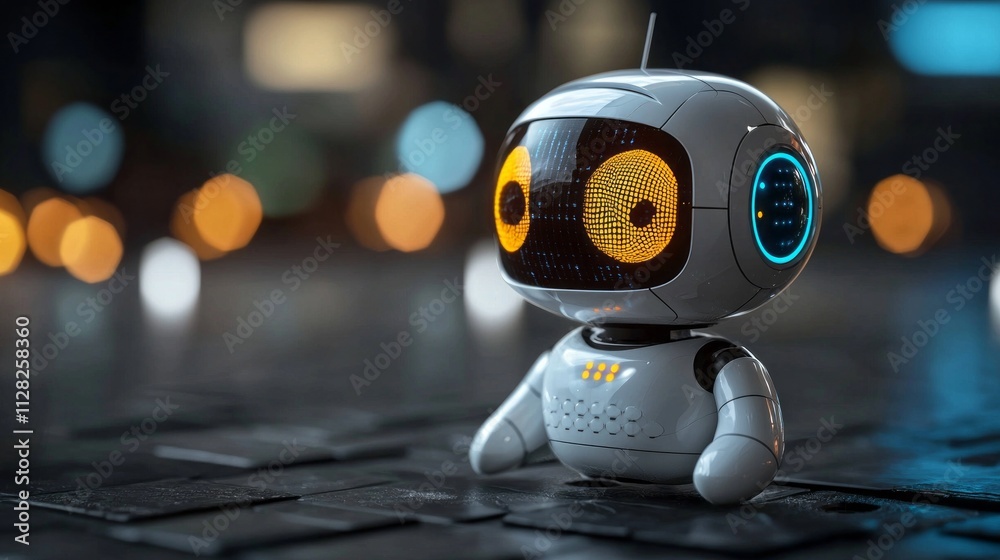 Aufkleber set in a colorful urban environment, a futuristic robot stands with glowing eyes, symbolizing the po