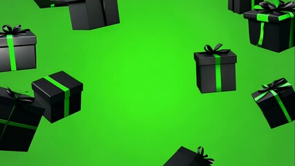 Cascading black gift boxes filling the screen, animated on green background