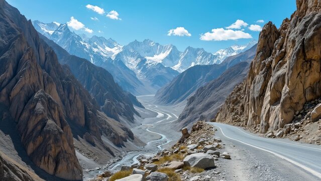 Ladakh's Majestic Valley, Winding Mountain Road Through Granite Boulders and Snowy Peaks
