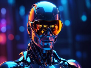 Fototapeta premium Realistic futuristic metal biorobot man. Robot in blue neon shades in stylish glasses. Atmosphere of the future.