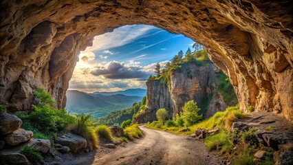 Natural arch tunnel entrance leading to a rock cave with a background of majestic natural scenery, arch, tunnel, entrance