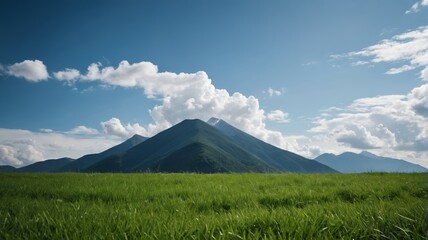 Naklejka premium a grassy field with a mountain in the background
