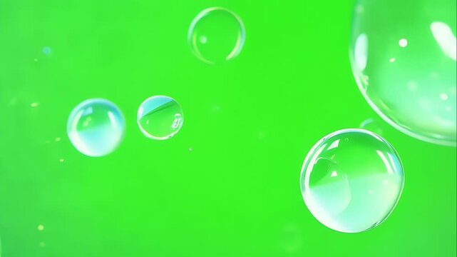 Flying transparent water bubbles gently floating across green screen