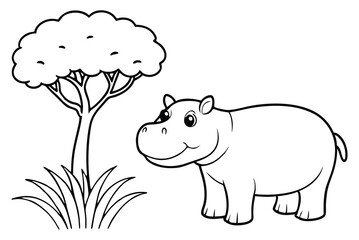 cute Hippopotamus, some grass and a tree, coloring book