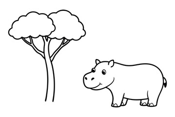 cute Hippopotamus, some grass and a tree, coloring book