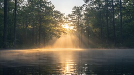 Tranquil Sunrise Over Misty Water with Sunbeams Streaming Through Forest Trees at Dawn, Creating a Serene and Peaceful Atmosphere in Nature
